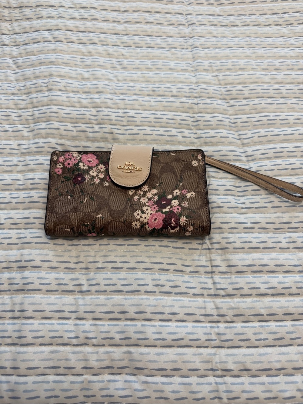 Coach Brown Signature Floral Wristlet with Pink Accents - carried once